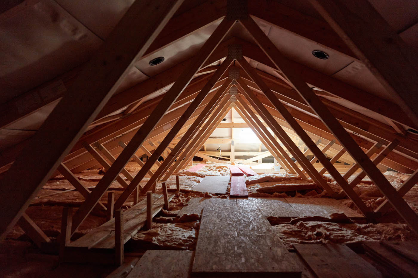 Inside of an attic, being prepped for blown in insulation.